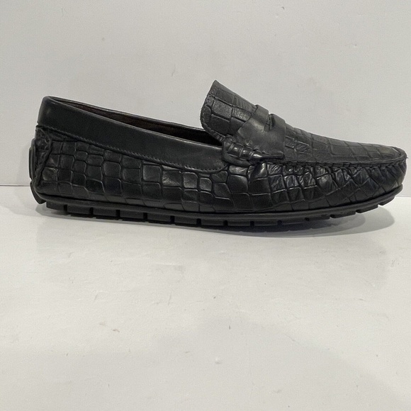 Bacco Bucci Mens Sz 8 Slip-On Black Croc Print Leather Driving Mocs Penny Loafer - Picture 4 of 12